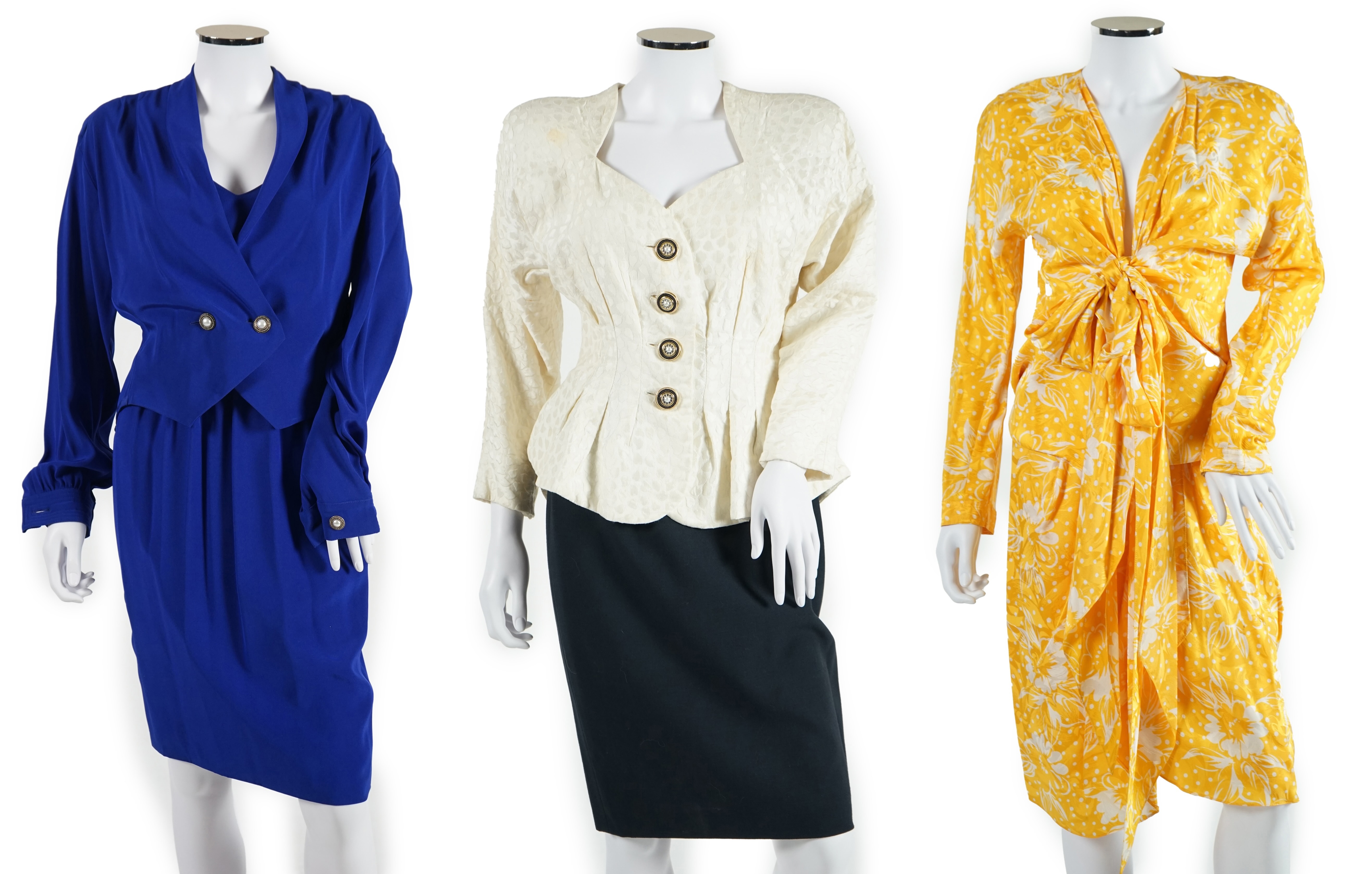 A matching Pallant silk skirt and blouse, a royal blue dress and matching bolero style jacket and black straight skirt and cream jacket. Approx sizes 8-12 Proceeds to Happy Paws Puppy Rescue